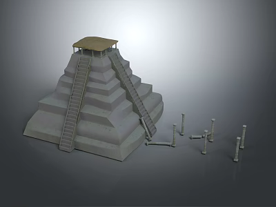 Ancient Pyramid Structure With Tiered Steps Roofed Top Platform And Surrounding Stone Columns 3d model