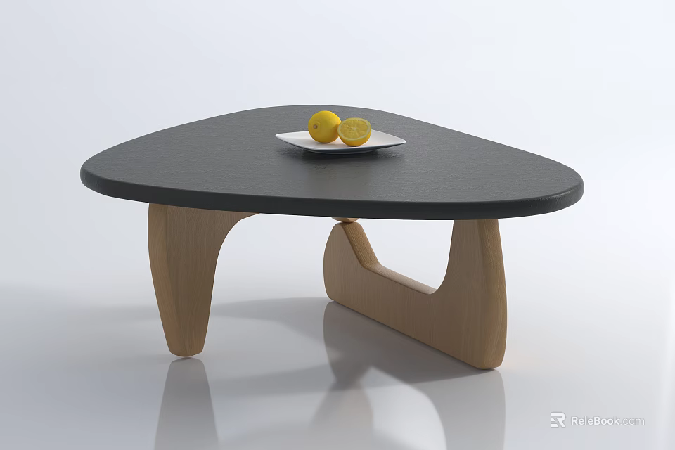 Triangular Black Coffee Table With Wooden Legs And White Plate With Lemons 3d model 