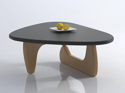 Triangular Black Coffee Table With Wooden Legs And White Plate With Lemons 3d model