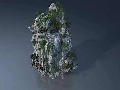 Swing Door Design In Rocky Mountain Scene With Waterfall And Green Plants 3d model