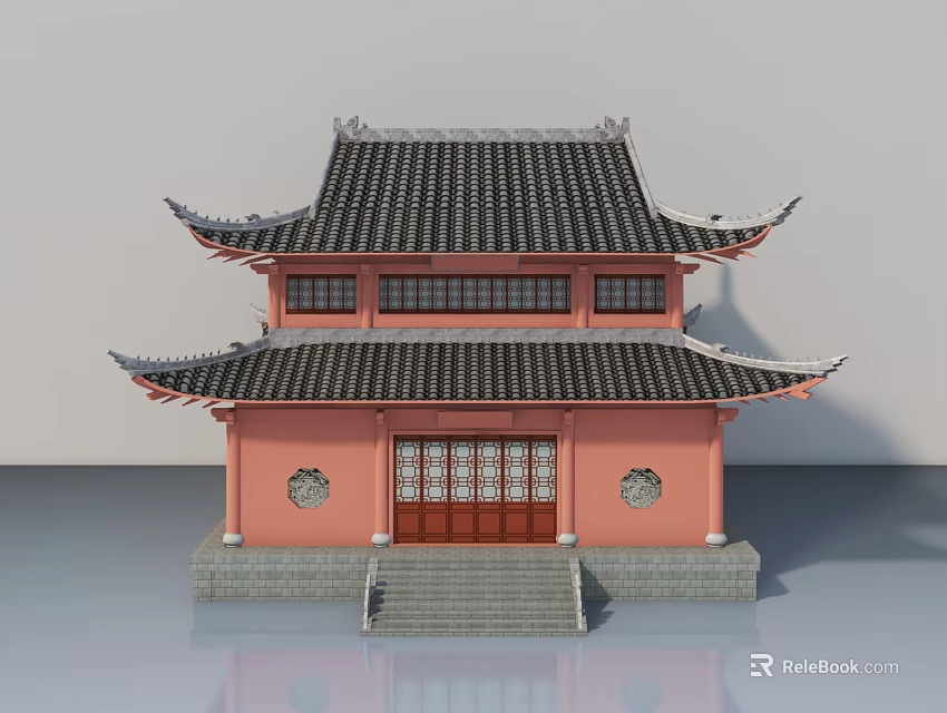 Beautiful Double Story Traditional Chinese Ancient Architecture With Red Walls And Black Tiled Roof 3d model 