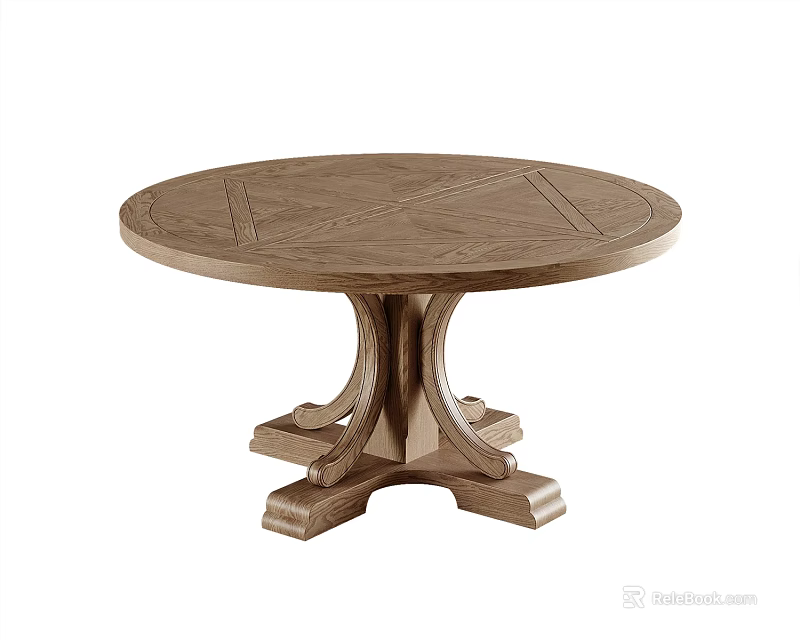 Round Solid Wood Dining Table with Intricate Carved Surface and Elegant Double Pedestal Base Design 3d model