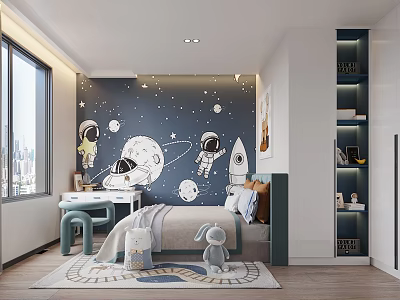 Kids Bedroom With Space Themed Wall Astronauts And Plush Toys 3d model