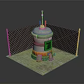 Industrial Cylindrical Structure With Chain Link Fence Checkerboard Floor Tiles Red Antenna And Black Panel