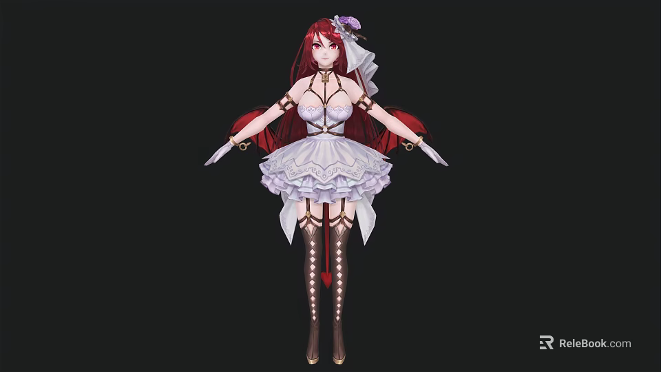 Red Haired Female Character In White Lace Dress With Floral Headpiece And Butterfly 3d model 