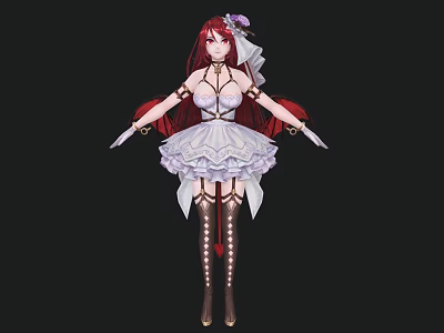 Red Haired Female Character In White Lace Dress With Floral Headpiece And Butterfly 3d model