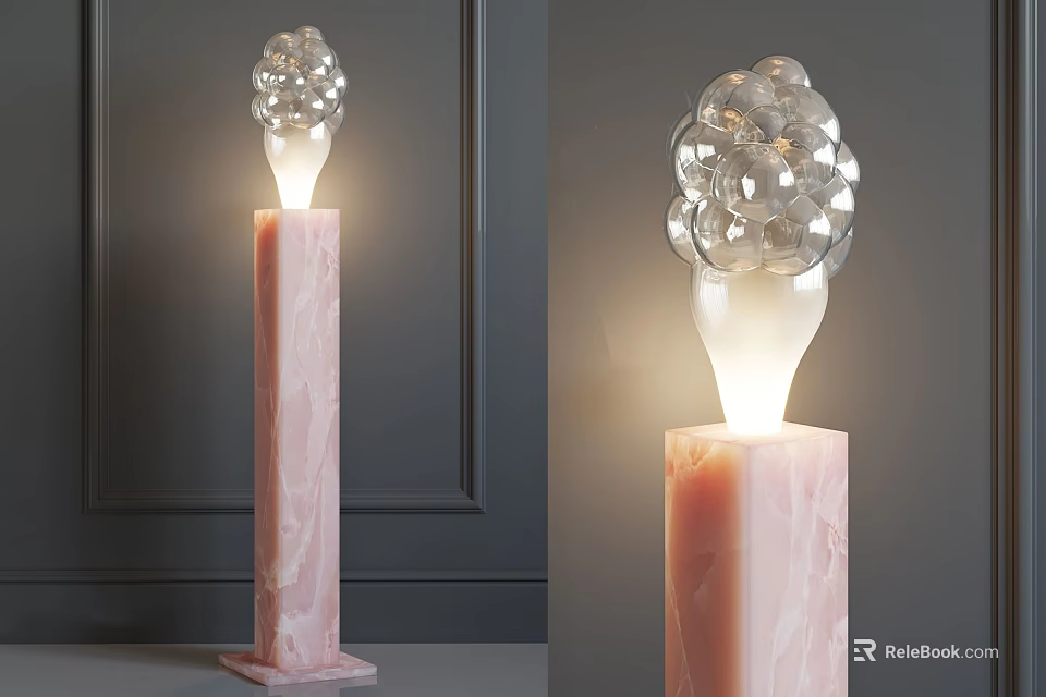 Pink Marble Floor Lamp With Transparent Glass Ball Cluster Illuminated In Modern Interior 3d model 