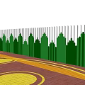 White And Green Fence With City Skyline Design Near Trees And Building On Paved Ground