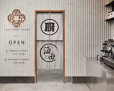 Japanese Style Kitchen Curtain With Wooden Frame And Chinese Characters Design 3d model