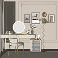 Modern Dressing Table with Round Illuminated Mirror Cosmetics Pink Flower Vase and Decorative Paintings