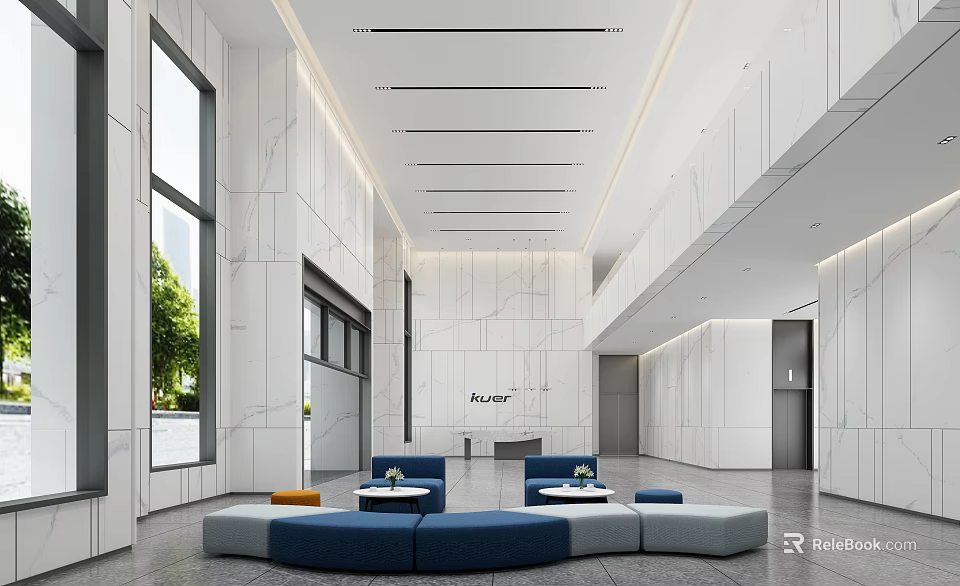 Modern Reception Lobby With Marble Walls Large Windows And Blue Gray Sofas 3d model 