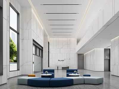 Modern Reception Lobby With Marble Walls Large Windows And Blue Gray Sofas 3d model