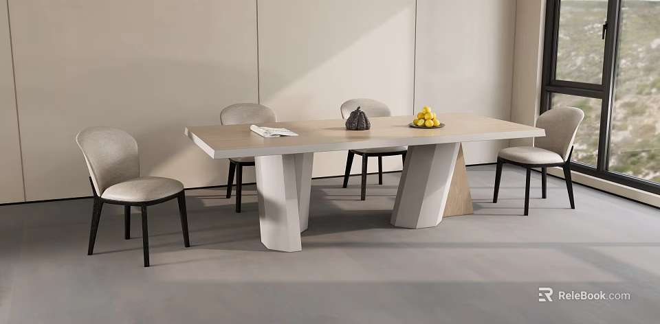 Modern Dining Table Set With Four Chairs And Fruits On Top Surface 3d model 