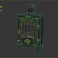 Vintage Cast Iron Wood Stove Featuring Glass Door Burning Flames And Metal Chimney