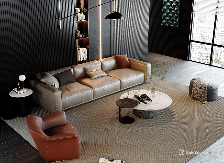 Modern Living Room With Beige Leather Sofa And Round White Coffee Table Set 3d model 