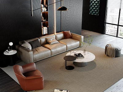 Modern Living Room With Beige Leather Sofa And Round White Coffee Table Set 3d model