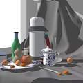 Decorative Ornament Set Featuring Fruit Nuts Porcelain Teacup RIO Bottle Thermal Mug And Rose Petals