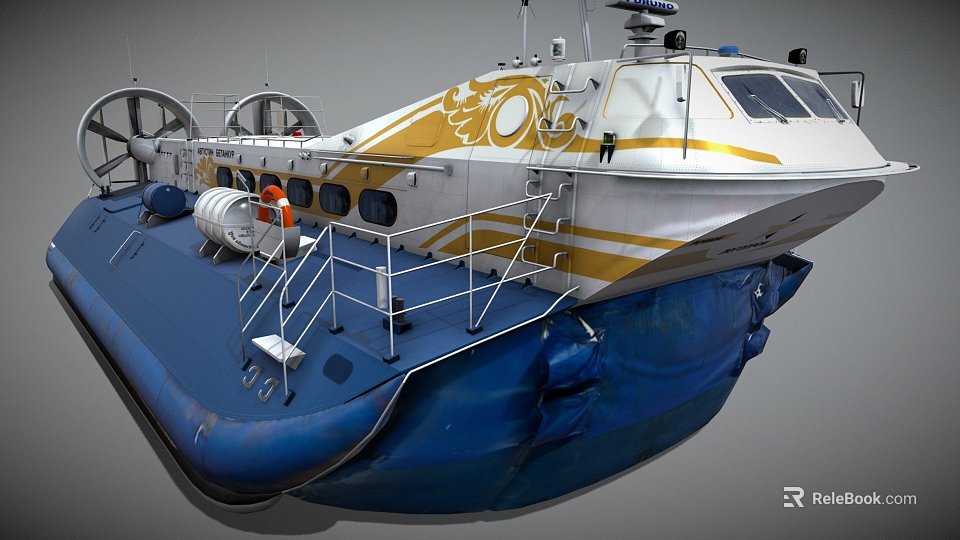 Blue and White Hovercraft with Yellow Hull Railings Orange Lifebuoy and Propellers 3d model 