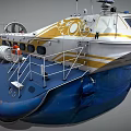 Blue and White Hovercraft with Yellow Hull Railings Orange Lifebuoy and Propellers