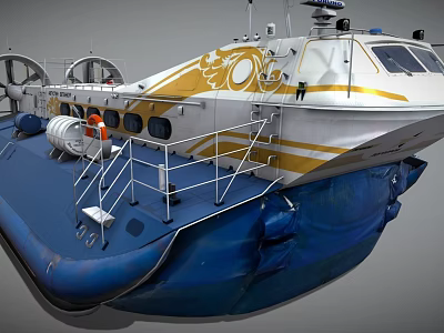 Blue and White Hovercraft with Yellow Hull Railings Orange Lifebuoy and Propellers 3d model