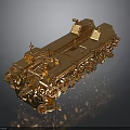 Golden Metal Train Model With Detailed Components On Reflective Surface