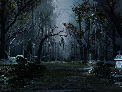 Cartoon Spooky Forest Scene With Dead Trees Hanging Skeletons Tombstones And Misty Dark Atmosphere 3d model