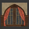 Arched Architectural Window With Stone Wall Wooden Frame Red Curtains And Lattice Glass