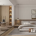 Modern Bedroom Interior With Wooden Headboard Nightstand Lamp Wall Art Cozy Rug And Decorative Pillows