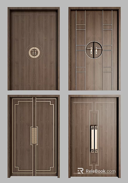 Wooden Double Doors Design With Decorative Lines And Metal Handles 3d model 