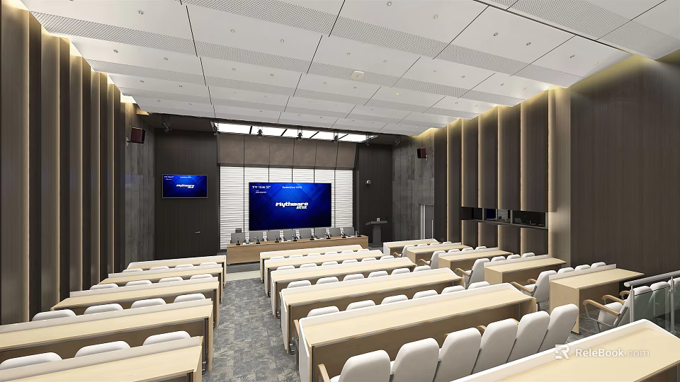 School Modern Lecture Hall With Arranged Seats Desks And Large Screen 3d model 