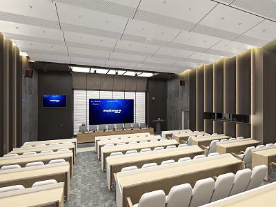 School Modern Lecture Hall With Arranged Seats Desks And Large Screen 3d model