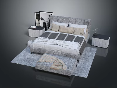 Modern Double Bed With Pillows Comforter Side Tables Footstool Decorative Painting And Rug 3d model