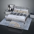 Modern Double Bed With Pillows Comforter Side Tables Footstool Decorative Painting And Rug