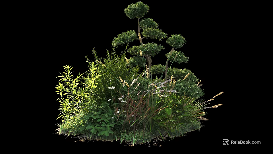 Lush Ornamental Shrubs In Garden Landscape With Green Foliage Herbs And White Flowers 3d model 