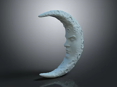 Artistic Light Colored Crescent Moon Sculpture Featuring Detailed Human Face Design 3d model