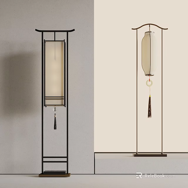 Traditional Chinese Floor Lamp Design With White Lampshade Black Frame And Tassel 3d model 