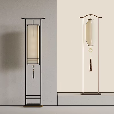 Traditional Chinese Floor Lamp Design With White Lampshade Black Frame And Tassel 3d model