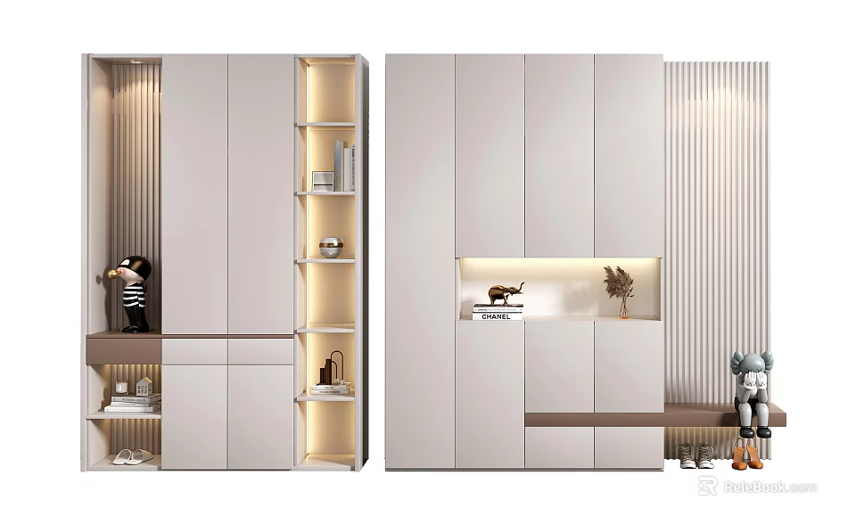 Modern Light Colored Shoe Cabinet With LED Lighting Shelves And Decorative Items 3d model 
