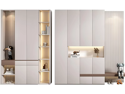 Modern Light Colored Shoe Cabinet With LED Lighting Shelves And Decorative Items 3d model