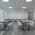 Spacious Modern Classroom Interior With Long Tables White Chairs Windows And Ceiling Lights 3d model