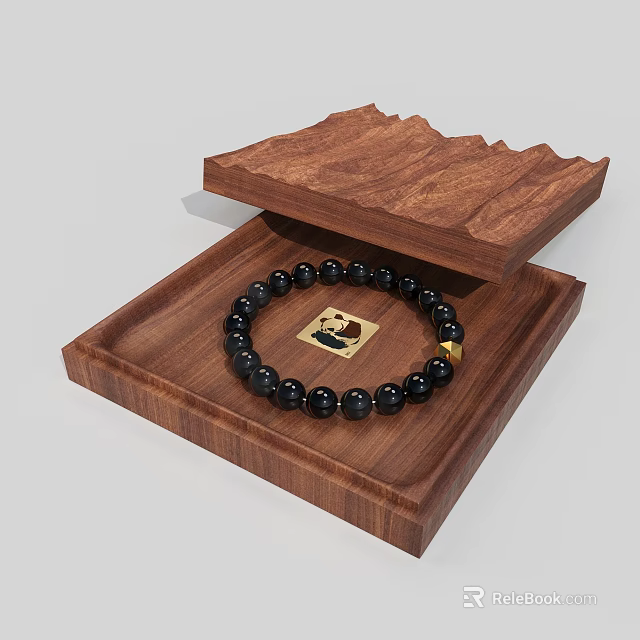 Wooden Box With Open Lid Holding Black Beaded Bracelet Featuring Gold Square Charm 3d model 