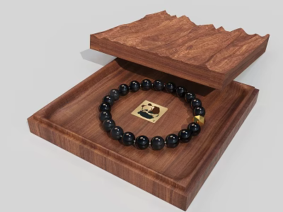 Wooden Box With Open Lid Holding Black Beaded Bracelet Featuring Gold Square Charm 3d model