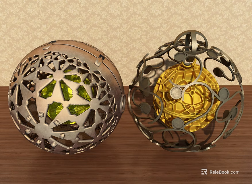 Decorative Ornament Set with Metal Openwork Spherical Design Green Yellow Glass Inlays on Wooden Tabletop 3d model 