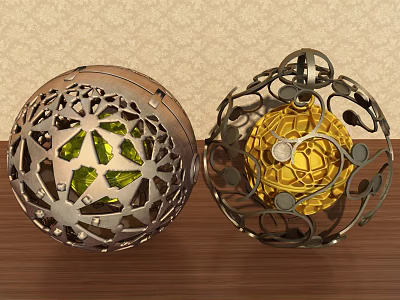 Decorative Ornament Set with Metal Openwork Spherical Design Green Yellow Glass Inlays on Wooden Tabletop 3d model