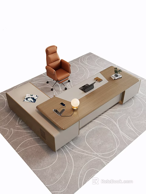 Modern Office Desk Interior With Brown Leather Chair Laptop Desk Lamp And Small Potted Plant 3d model 