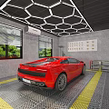 Red Sports Car Showroom with Wall Posters at Modern Car Dealership