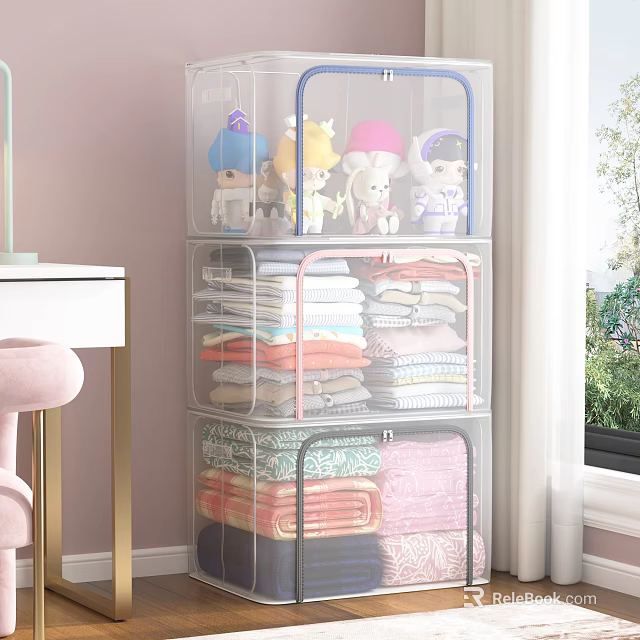Transparent Stackable Storage Bins for Organizing Clothes and Stuffed Toys in Room 3d model 