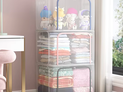 Transparent Stackable Storage Bins for Organizing Clothes and Stuffed Toys in Room 3d model