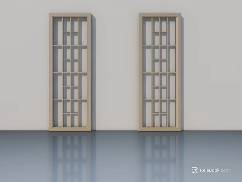 Modern Beige Swing Doors With Grid Design And Smooth Surface Reflection 3d model