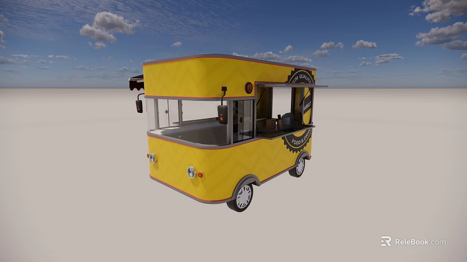 Yellow Mobile Food Cart With Transparent Windows Wheels And Serving Counter 3d model 